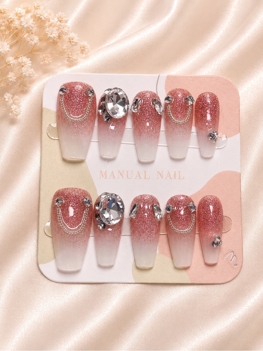 Sparkling Pink Ombre Press-On Nail Set with Crystals size medium